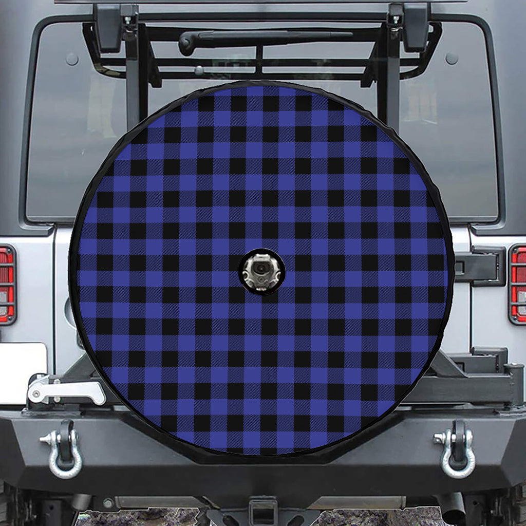 Navy Blue And Black Buffalo Check Print Tire Cover With Camera Hole