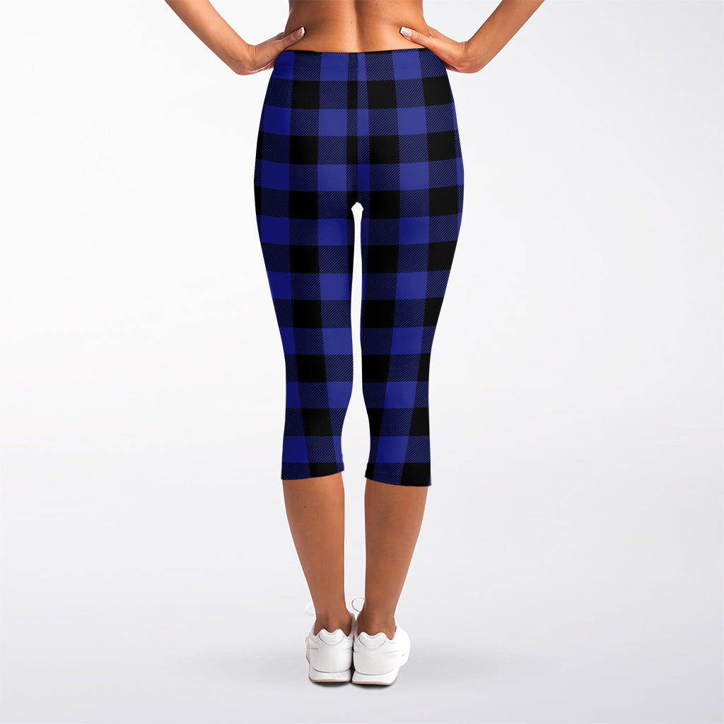 Navy Blue And Black Buffalo Check Print Women's Capri Leggings