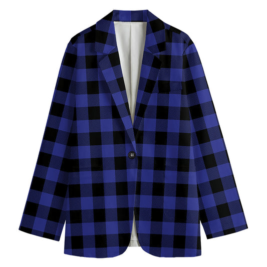 Navy Blue And Black Buffalo Check Print Women's Cotton Blazer