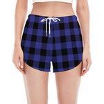Navy Blue And Black Buffalo Check Print Women's Split Running Shorts