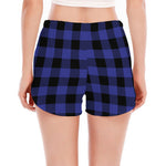Navy Blue And Black Buffalo Check Print Women's Split Running Shorts