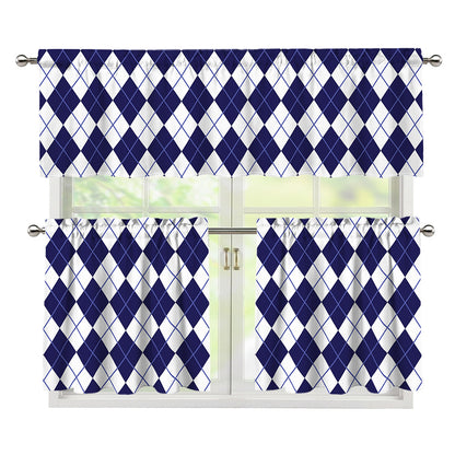 Navy Blue And White Argyle Pattern Print 3 Piece Kitchen Curtains