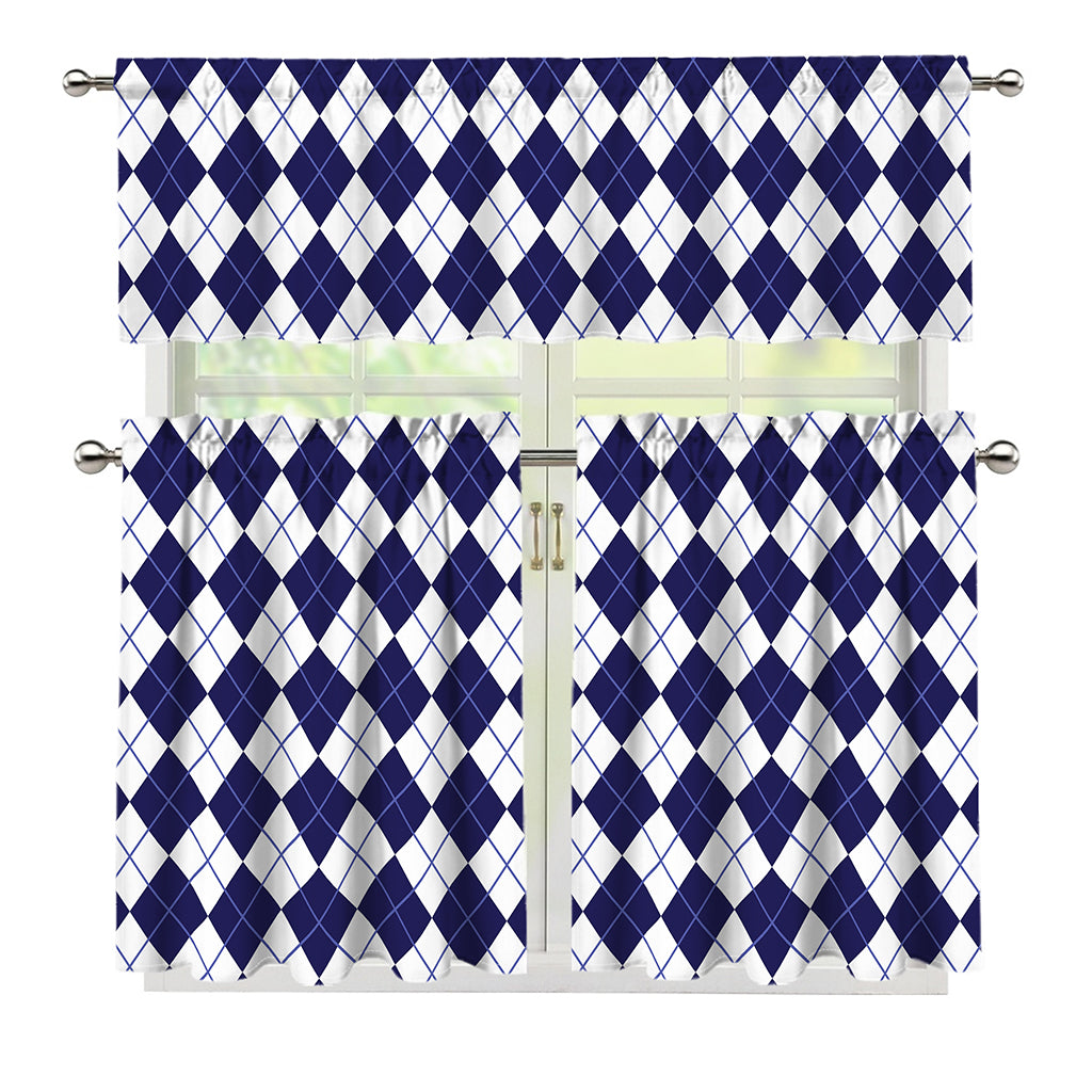 Navy Blue And White Argyle Pattern Print 3 Piece Kitchen Curtains