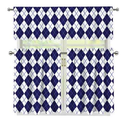 Navy Blue And White Argyle Pattern Print 3 Piece Kitchen Curtains