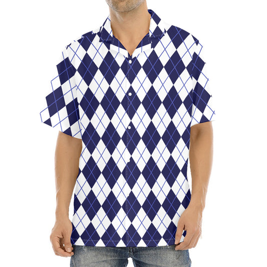 Navy Blue And White Argyle Pattern Print Aloha Shirt