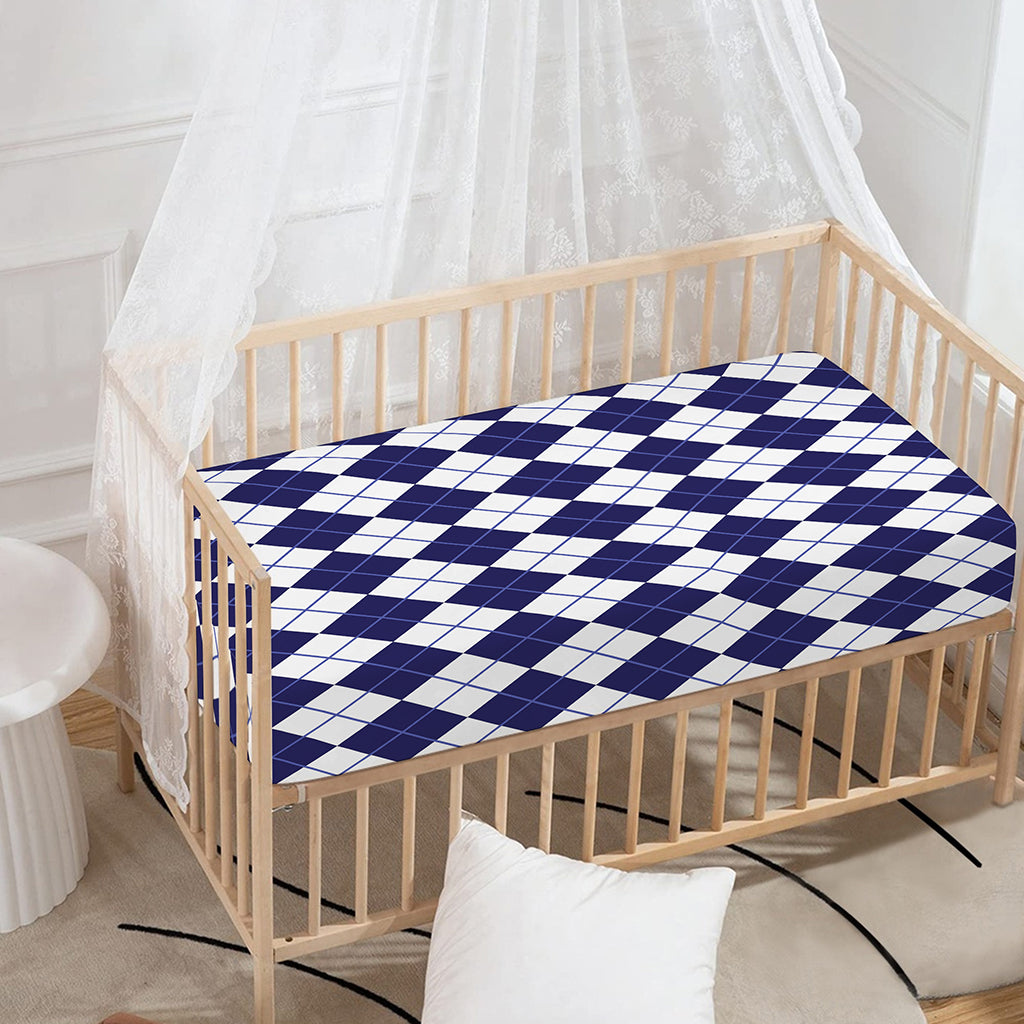 Navy Blue And White Argyle Pattern Print Baby Crib Sheet