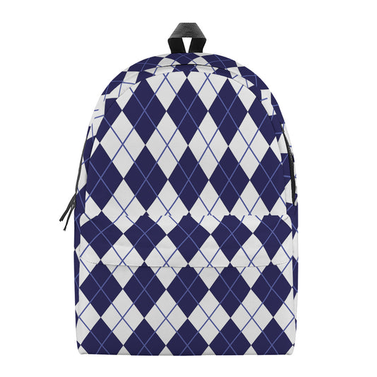 Navy Blue And White Argyle Pattern Print Backpack