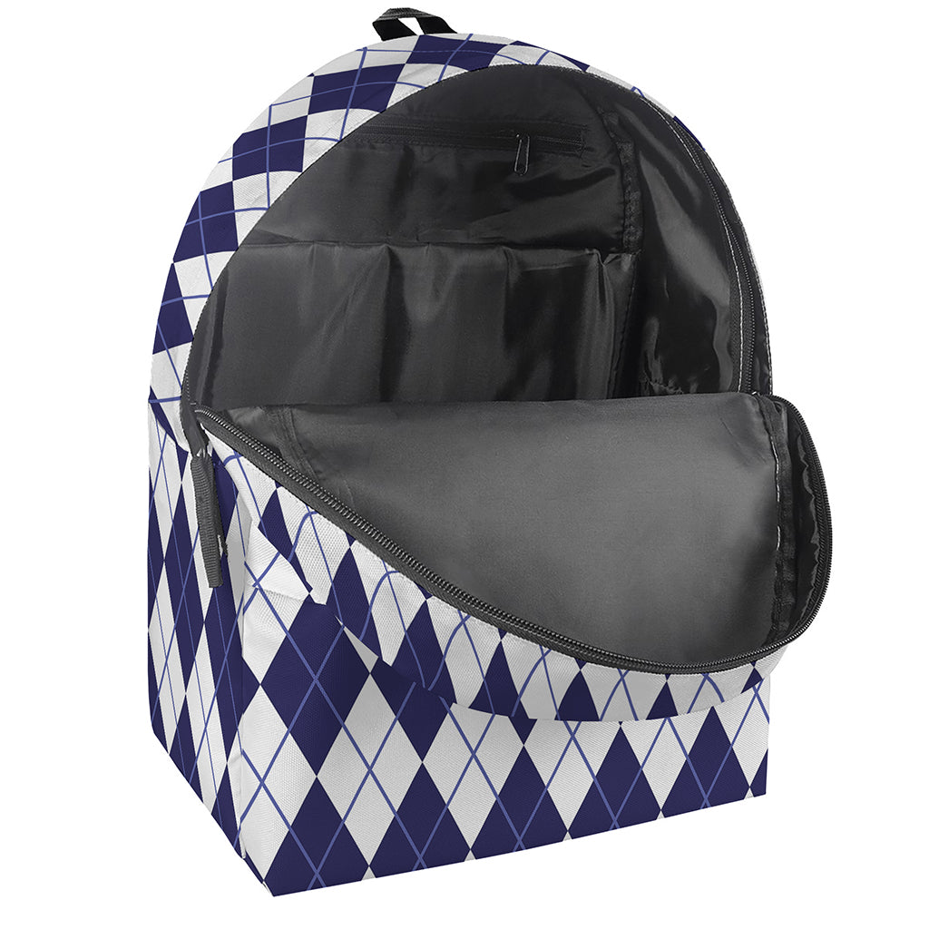 Navy Blue And White Argyle Pattern Print Backpack