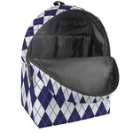 Navy Blue And White Argyle Pattern Print Backpack