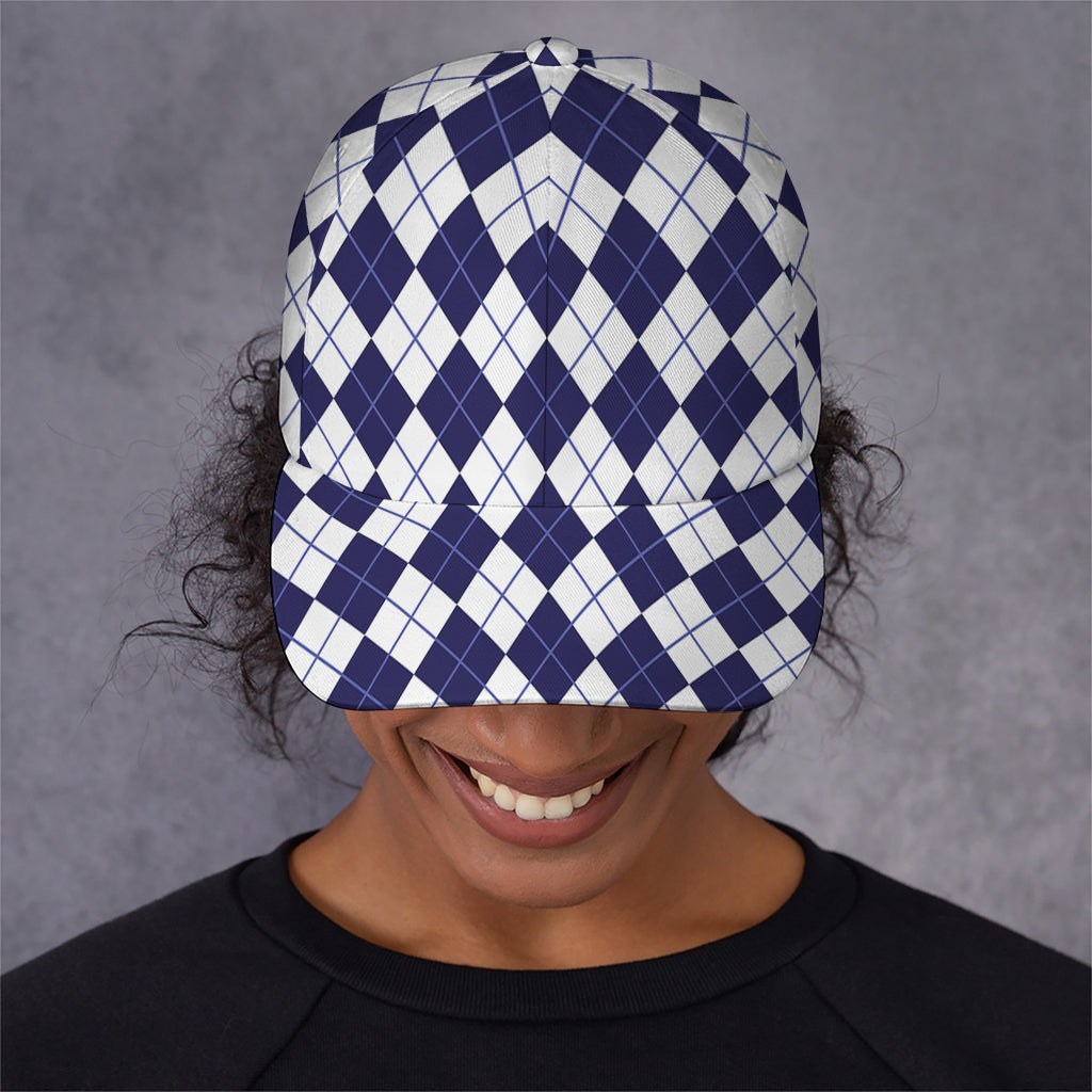 Navy Blue And White Argyle Pattern Print Baseball Cap