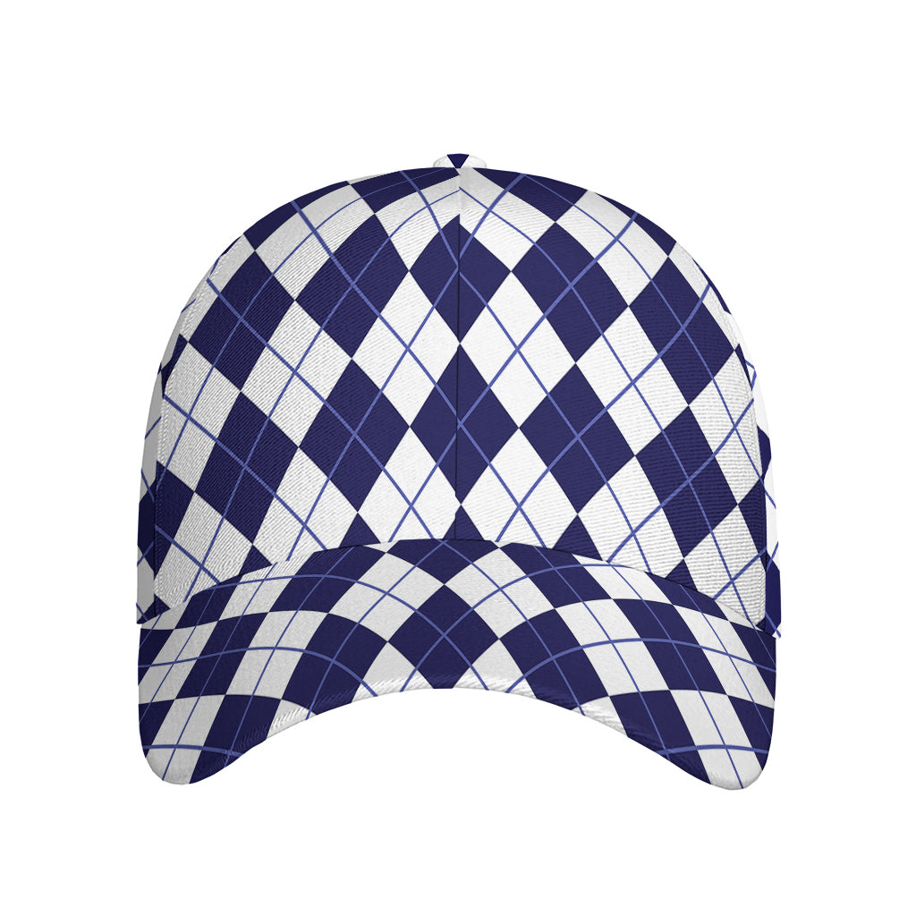 Navy Blue And White Argyle Pattern Print Baseball Cap