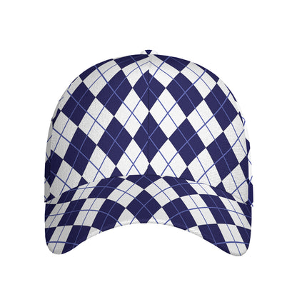 Navy Blue And White Argyle Pattern Print Baseball Cap