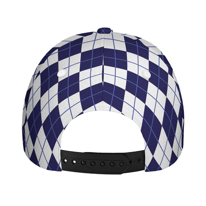 Navy Blue And White Argyle Pattern Print Baseball Cap