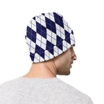 Navy Blue And White Argyle Pattern Print Beanie