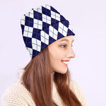 Navy Blue And White Argyle Pattern Print Beanie
