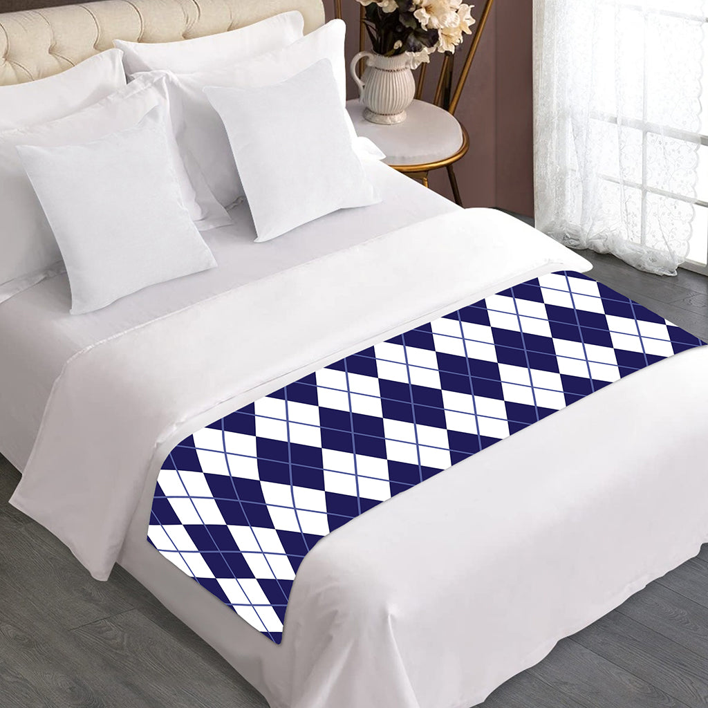 Navy Blue And White Argyle Pattern Print Bed Runner