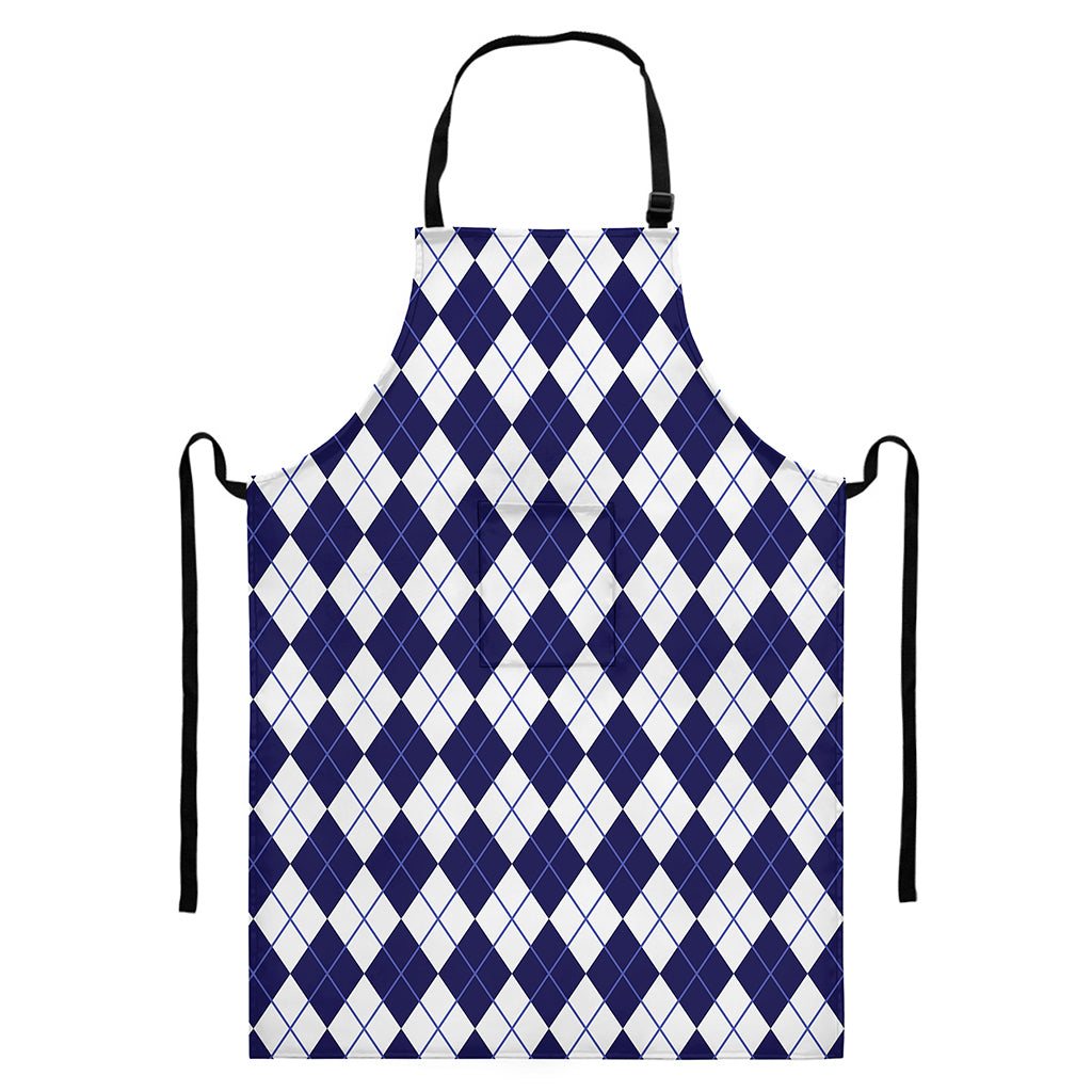 Navy Blue And White Argyle Pattern Print Bib Apron With Pocket
