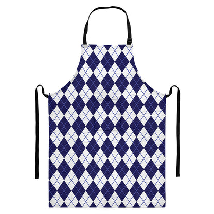 Navy Blue And White Argyle Pattern Print Bib Apron With Pocket