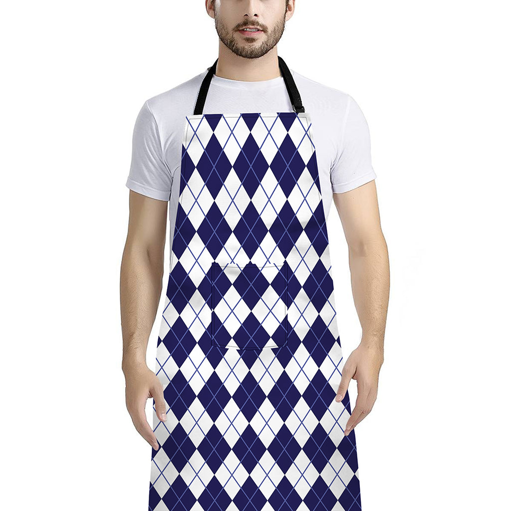 Navy Blue And White Argyle Pattern Print Bib Apron With Pocket