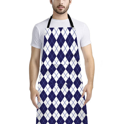 Navy Blue And White Argyle Pattern Print Bib Apron With Pocket