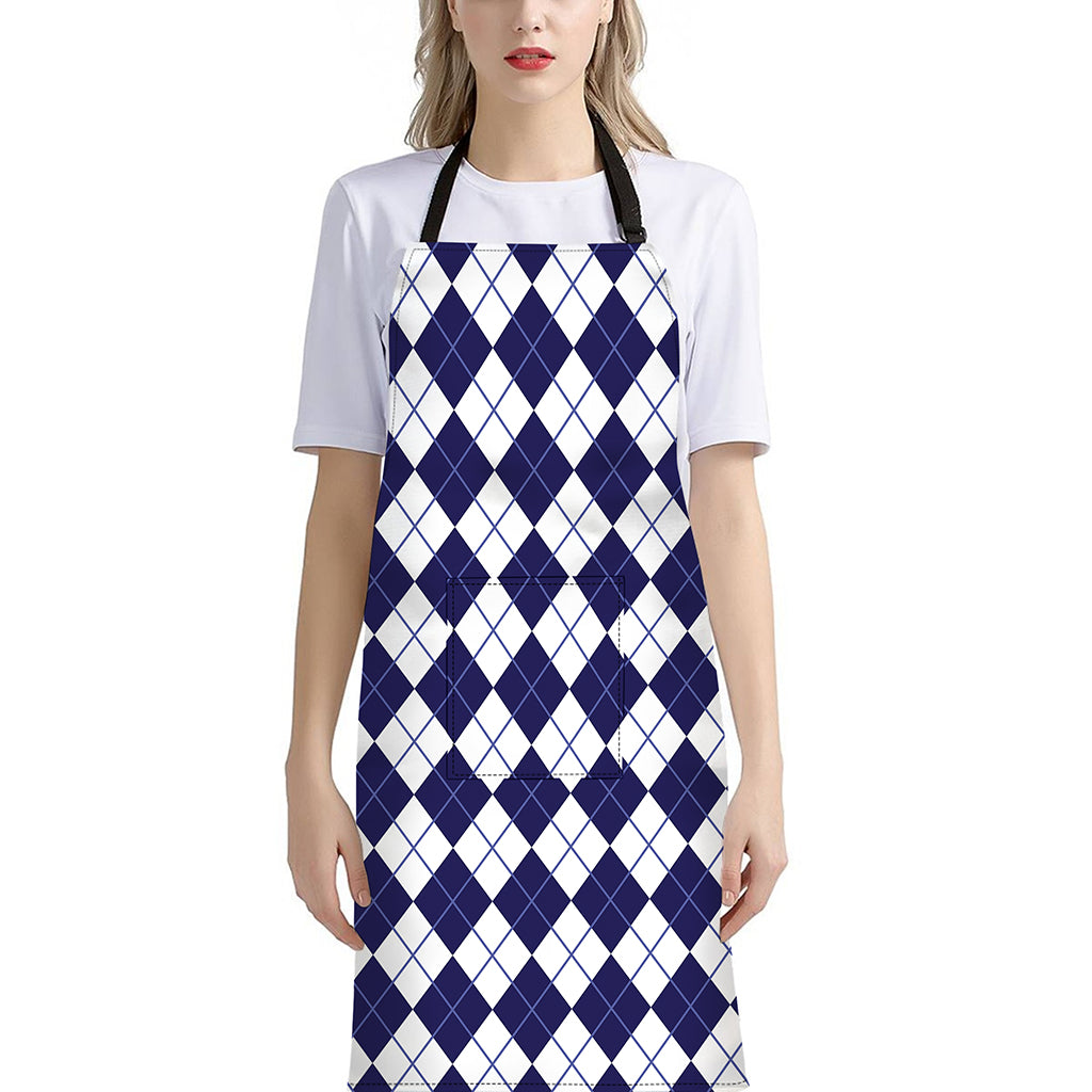 Navy Blue And White Argyle Pattern Print Bib Apron With Pocket
