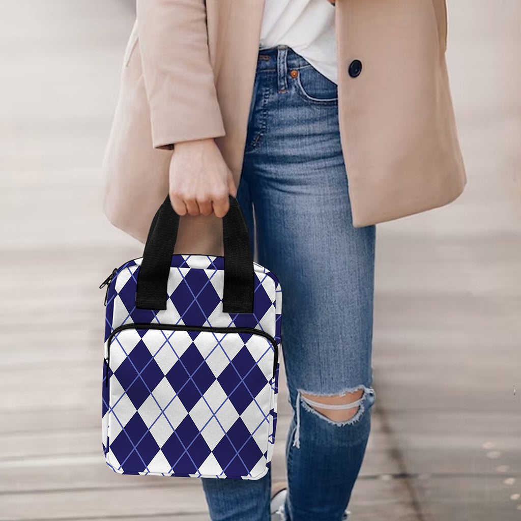 Navy Blue And White Argyle Pattern Print Bible Tote Bag