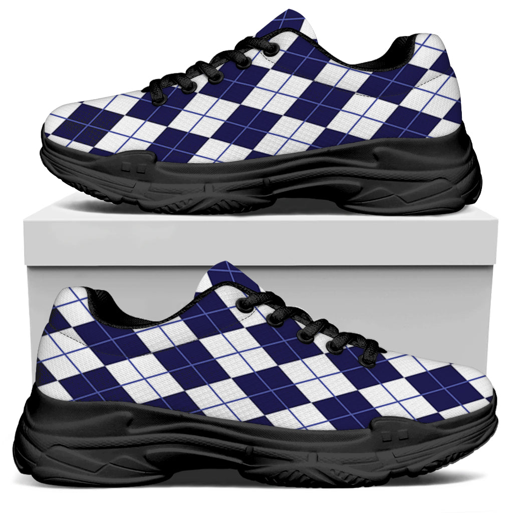 Navy Blue And White Argyle Pattern Print Black Chunky Shoes