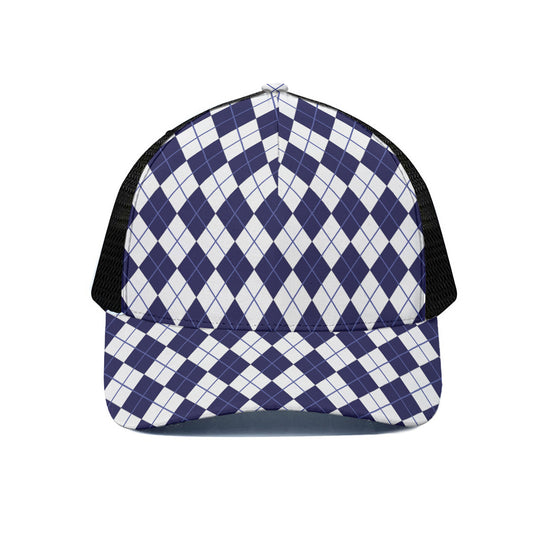 Navy Blue And White Argyle Pattern Print Black Mesh Trucker Cap
