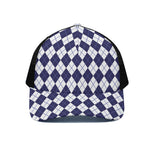 Navy Blue And White Argyle Pattern Print Black Mesh Trucker Cap