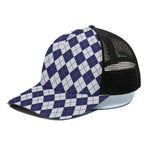 Navy Blue And White Argyle Pattern Print Black Mesh Trucker Cap
