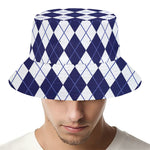 Navy Blue And White Argyle Pattern Print Bucket Hat