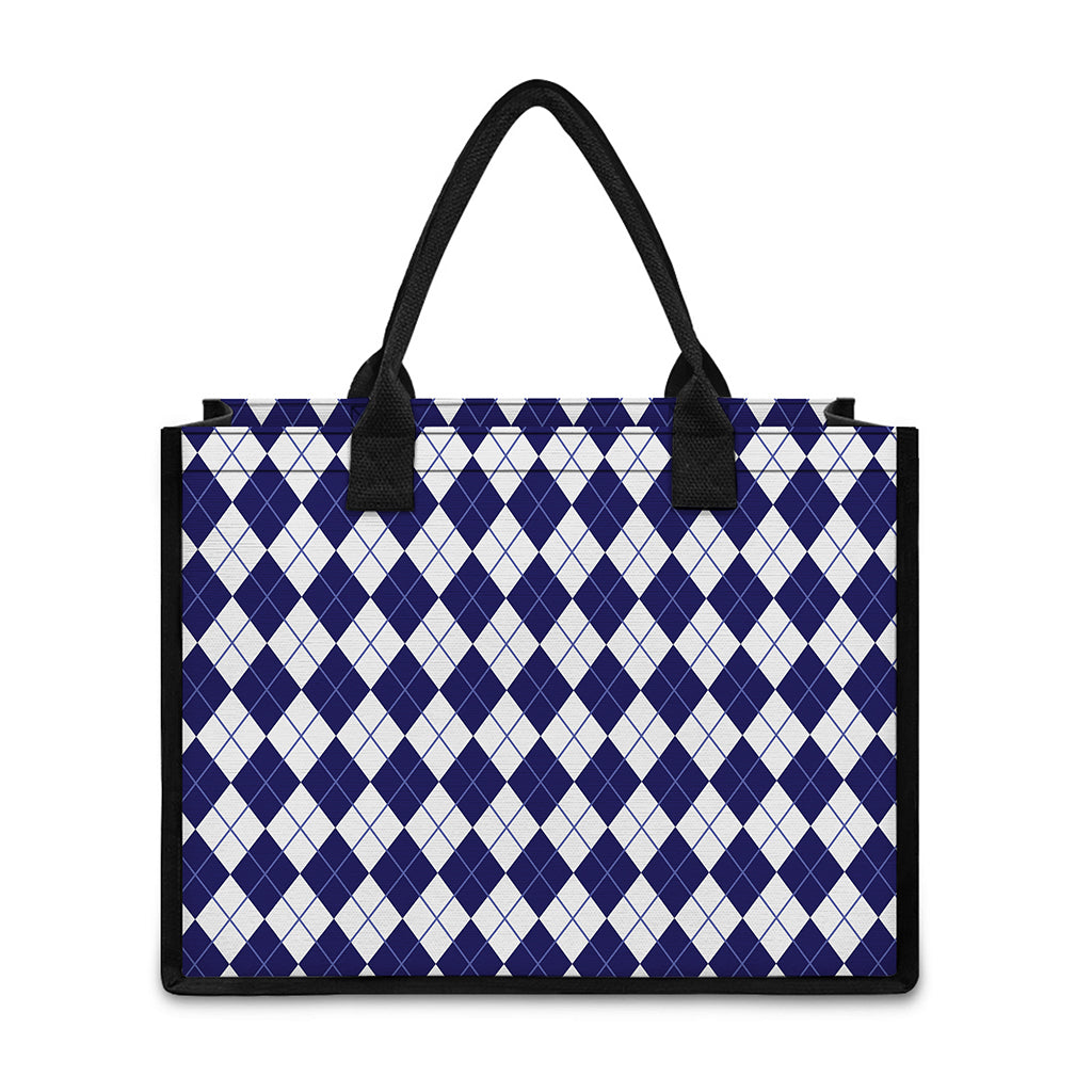 Navy Blue And White Argyle Pattern Print Canvas Tote Bag