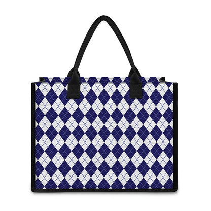 Navy Blue And White Argyle Pattern Print Canvas Tote Bag