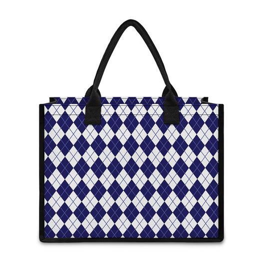 Navy Blue And White Argyle Pattern Print Canvas Tote Bag