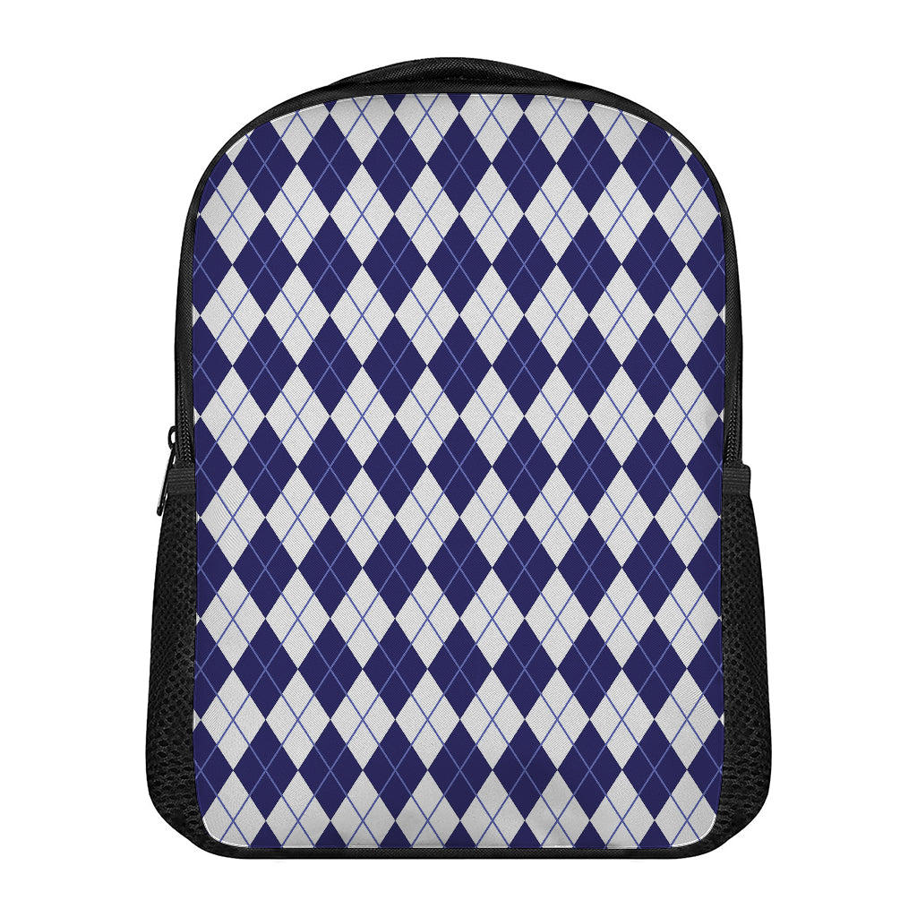 Navy Blue And White Argyle Pattern Print Casual Backpack