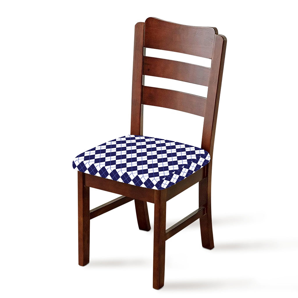 Navy Blue And White Argyle Pattern Print Chair Cushion Cover