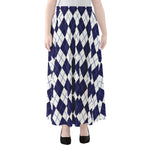 Navy Blue And White Argyle Pattern Print Chiffon Maxi Skirt