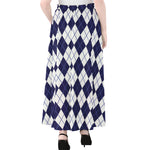 Navy Blue And White Argyle Pattern Print Chiffon Maxi Skirt