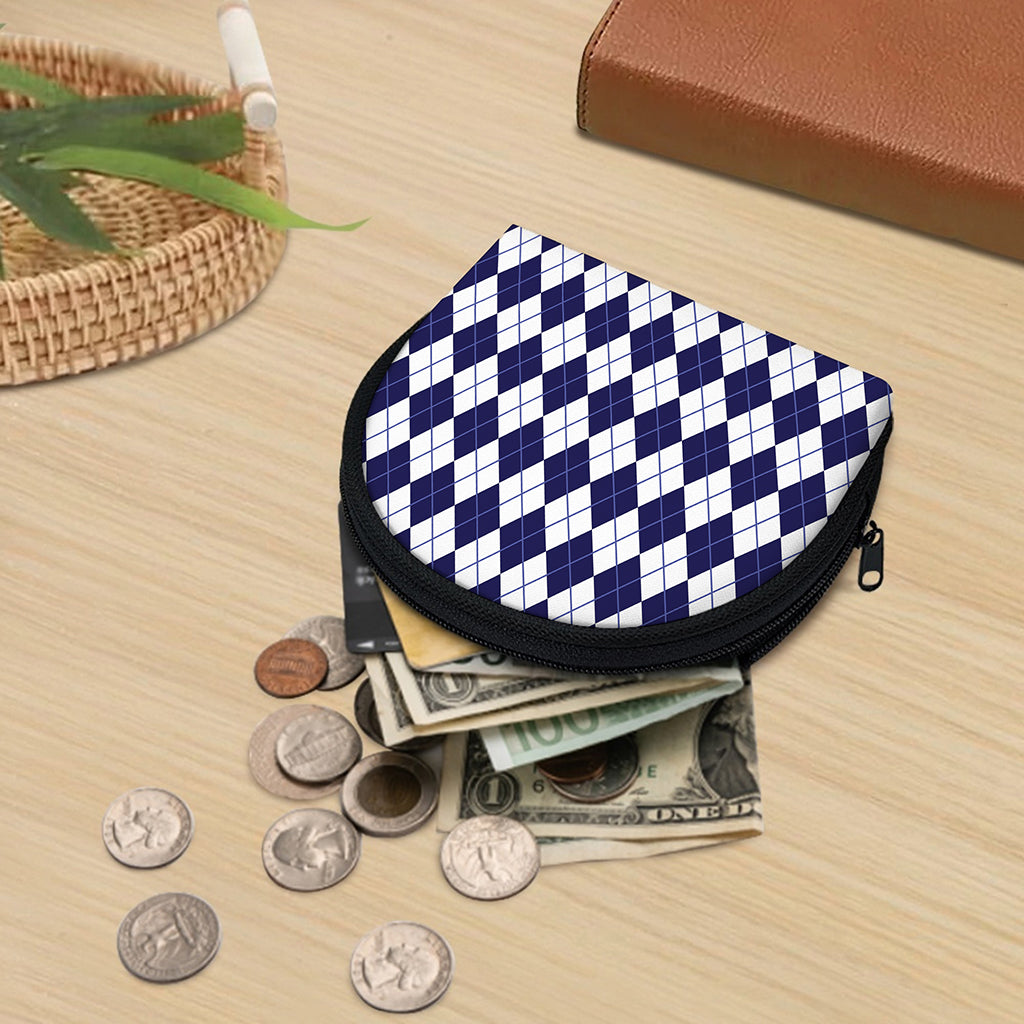 Navy Blue And White Argyle Pattern Print Coin Purse