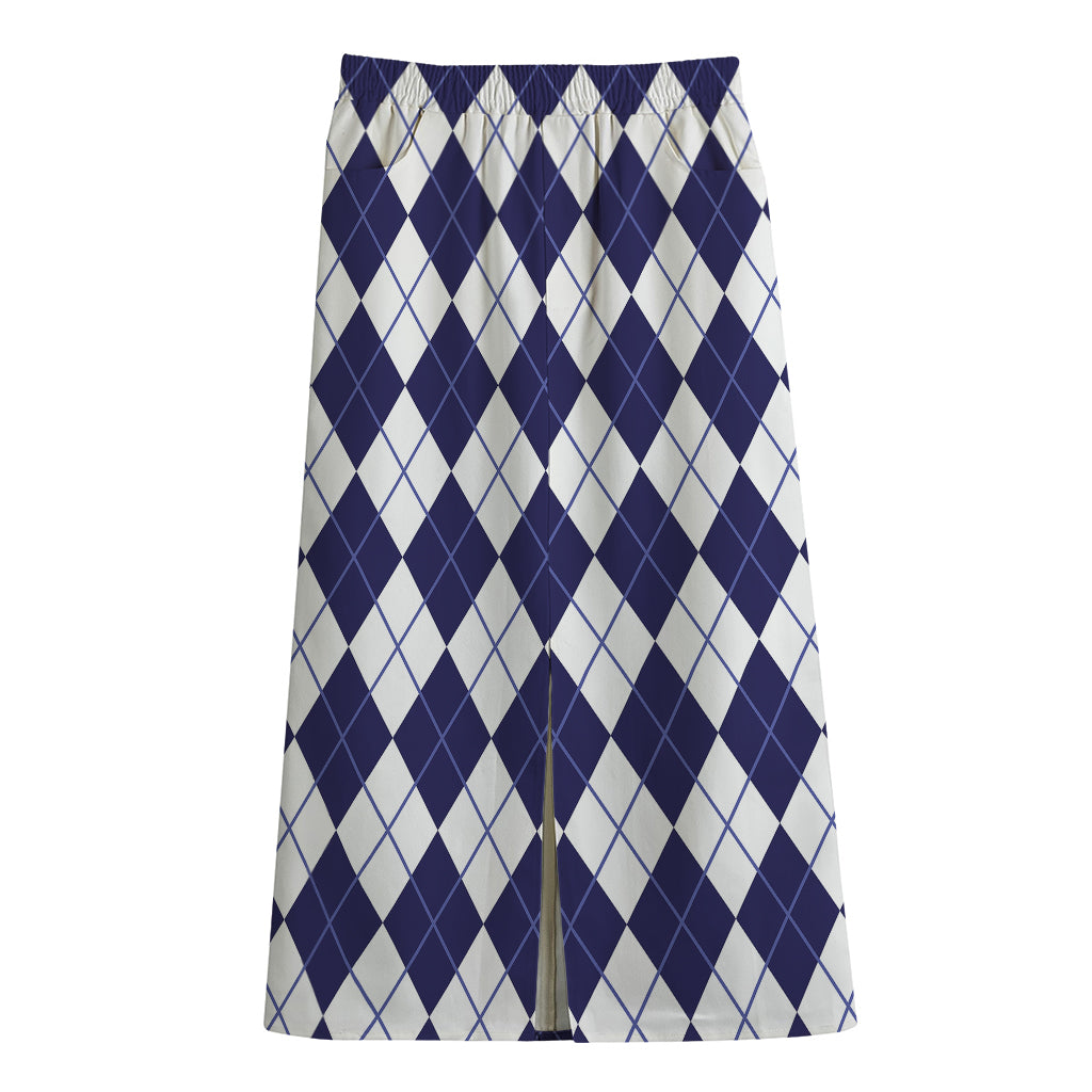 Navy Blue And White Argyle Pattern Print Cotton Front Slit Maxi Skirt