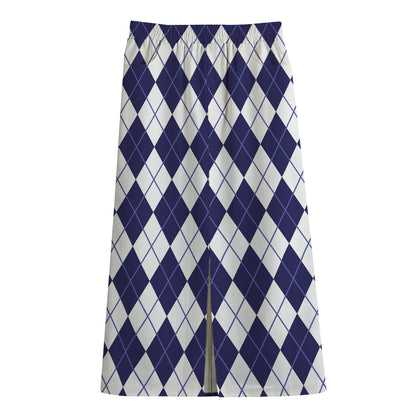 Navy Blue And White Argyle Pattern Print Cotton Front Slit Maxi Skirt