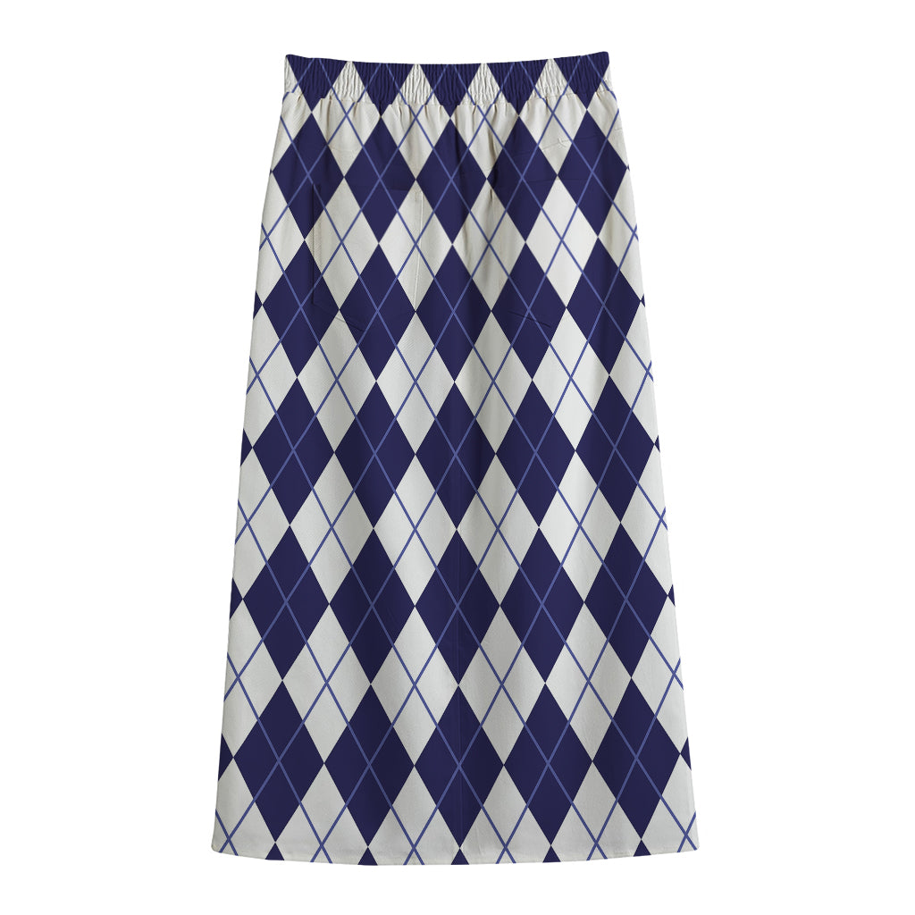 Navy Blue And White Argyle Pattern Print Cotton Front Slit Maxi Skirt