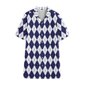 Navy Blue And White Argyle Pattern Print Cotton Hawaiian Shirt