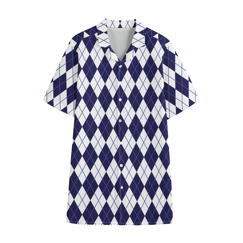 Navy Blue And White Argyle Pattern Print Cotton Hawaiian Shirt