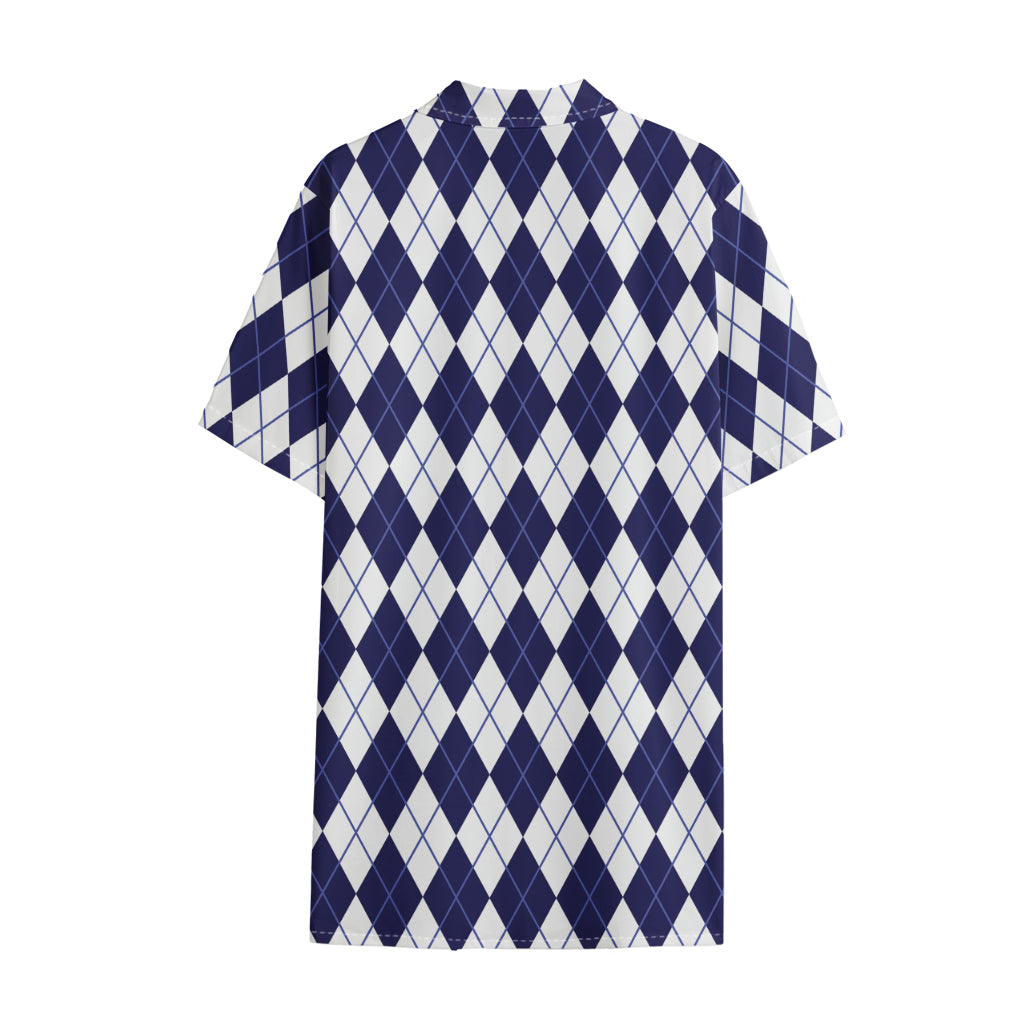 Navy Blue And White Argyle Pattern Print Cotton Hawaiian Shirt