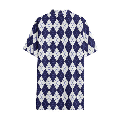 Navy Blue And White Argyle Pattern Print Cotton Hawaiian Shirt