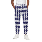 Navy Blue And White Argyle Pattern Print Cotton Pants