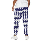 Navy Blue And White Argyle Pattern Print Cotton Pants