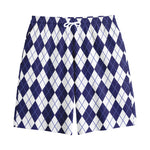Navy Blue And White Argyle Pattern Print Cotton Shorts