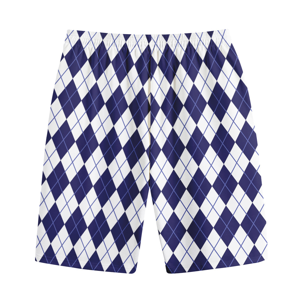 Navy Blue And White Argyle Pattern Print Cotton Shorts
